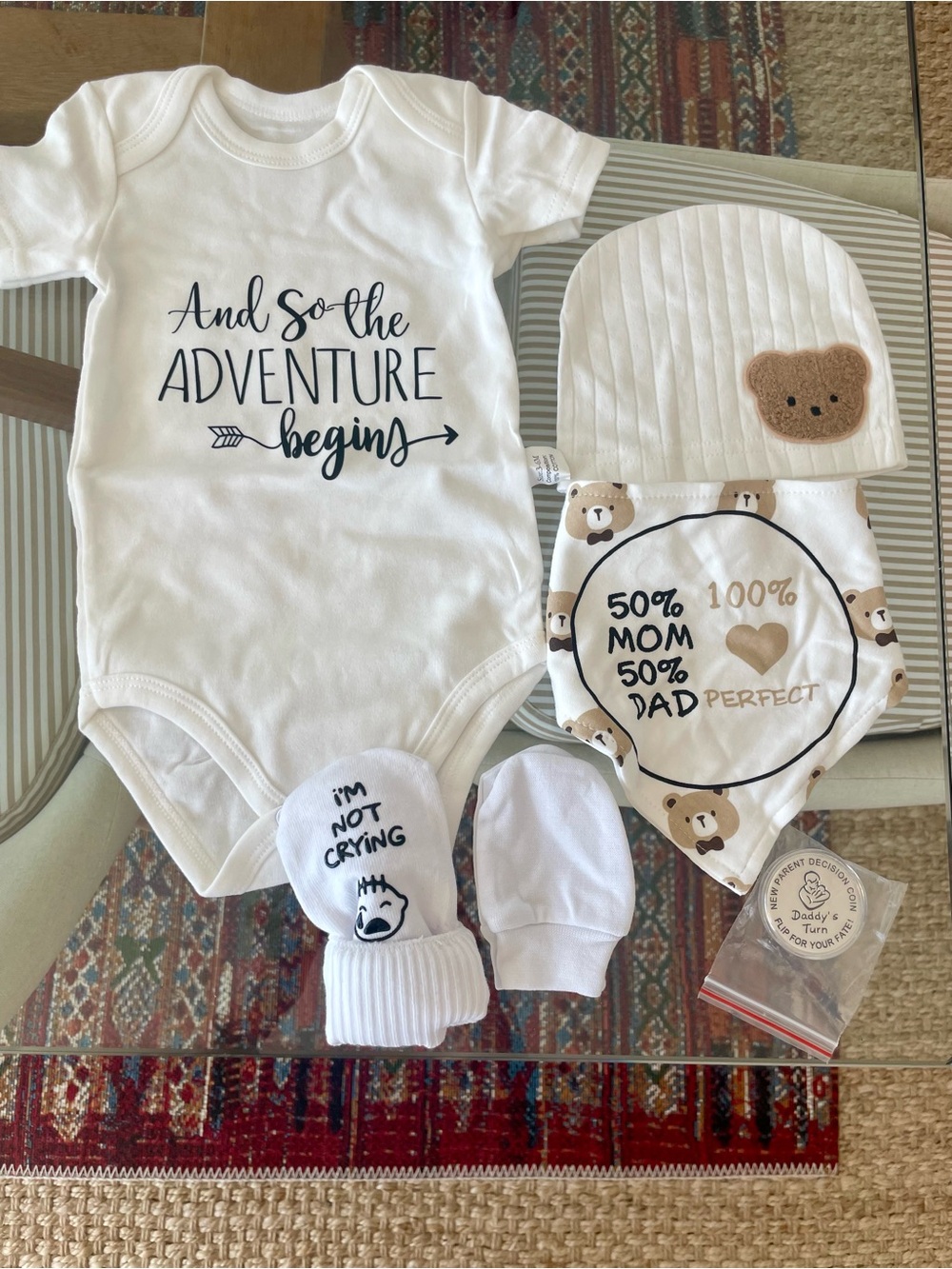 NWOT White Baby Onesie Set with Bear Accent and everything pictured